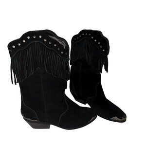 Aj Valenci Black Suede Fringe Western Rodeo Boots Metal Toe Caps Studs Womens 7